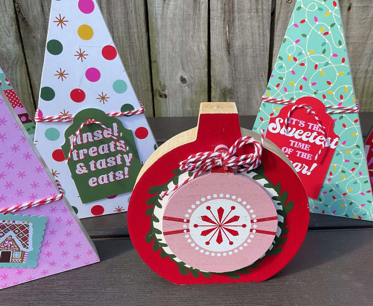AGSD Christmas Decor - Retro Pink Blue Teal Trees Chunky Ornament 7 pc Set