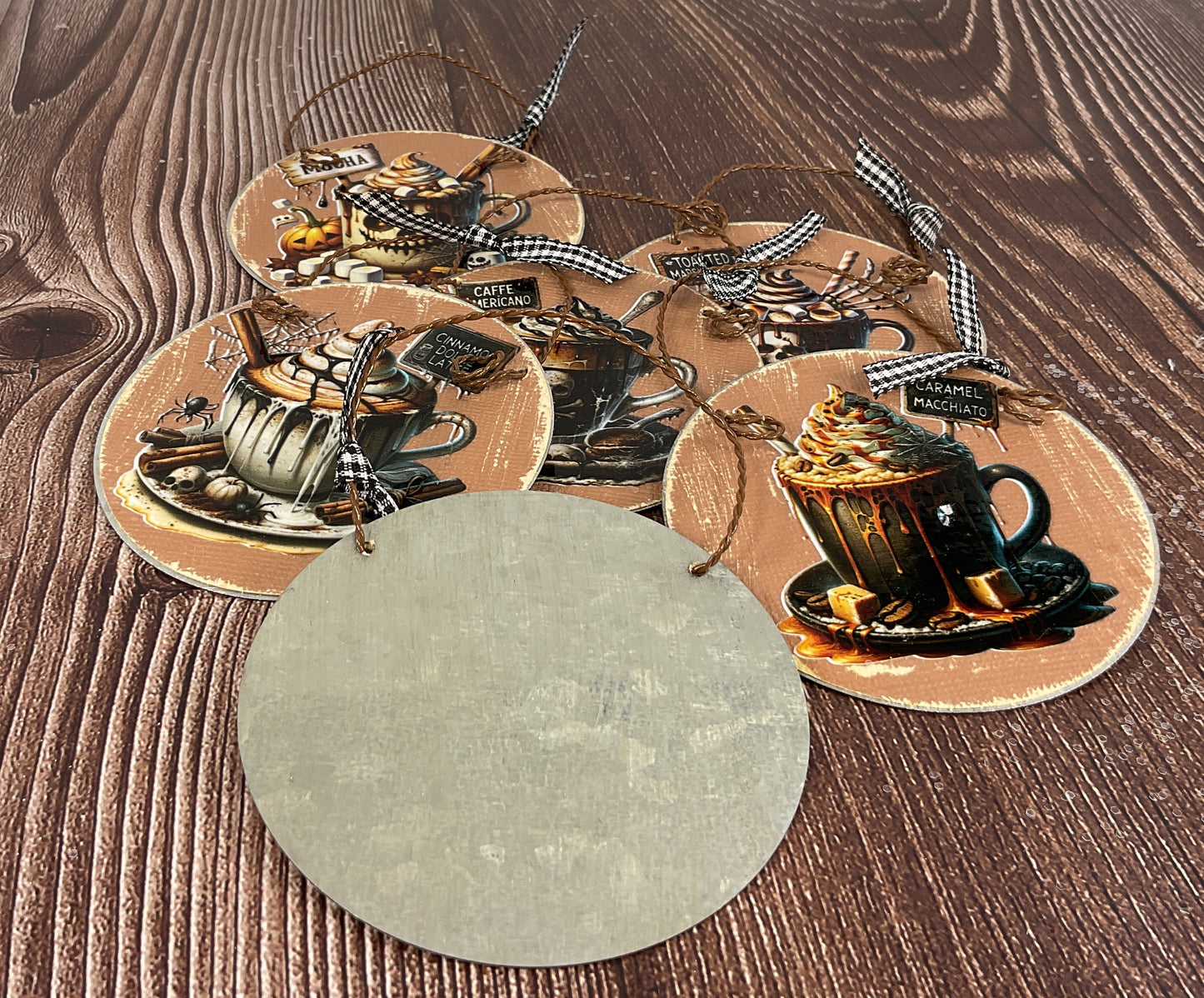 Pumpkin Latte Coffee Bar Halloween Tin Ornaments Set of 6 | Cozy Fall Tree & Garland Decor