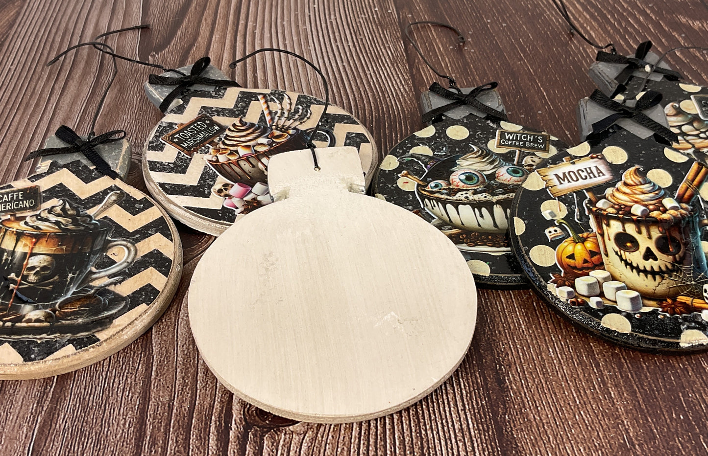 Pumpkin Latte Coffee Bar Halloween Wood Ornaments Set of 5 | Rustic Fall Tree & Garland Decor