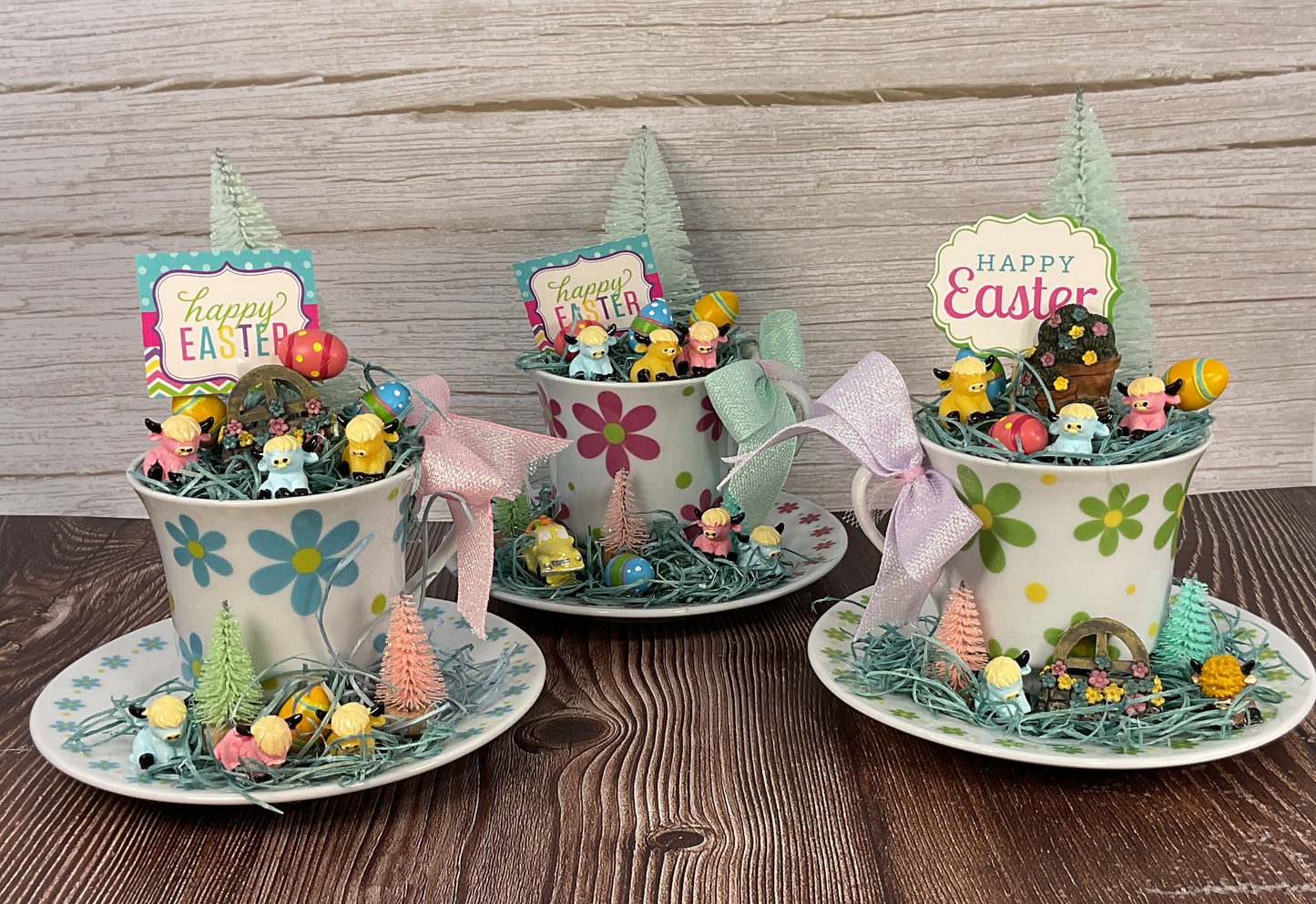 AGSD Spring Decor – Pastel Fairy Garden Highland Cow Floral Blue Teacup