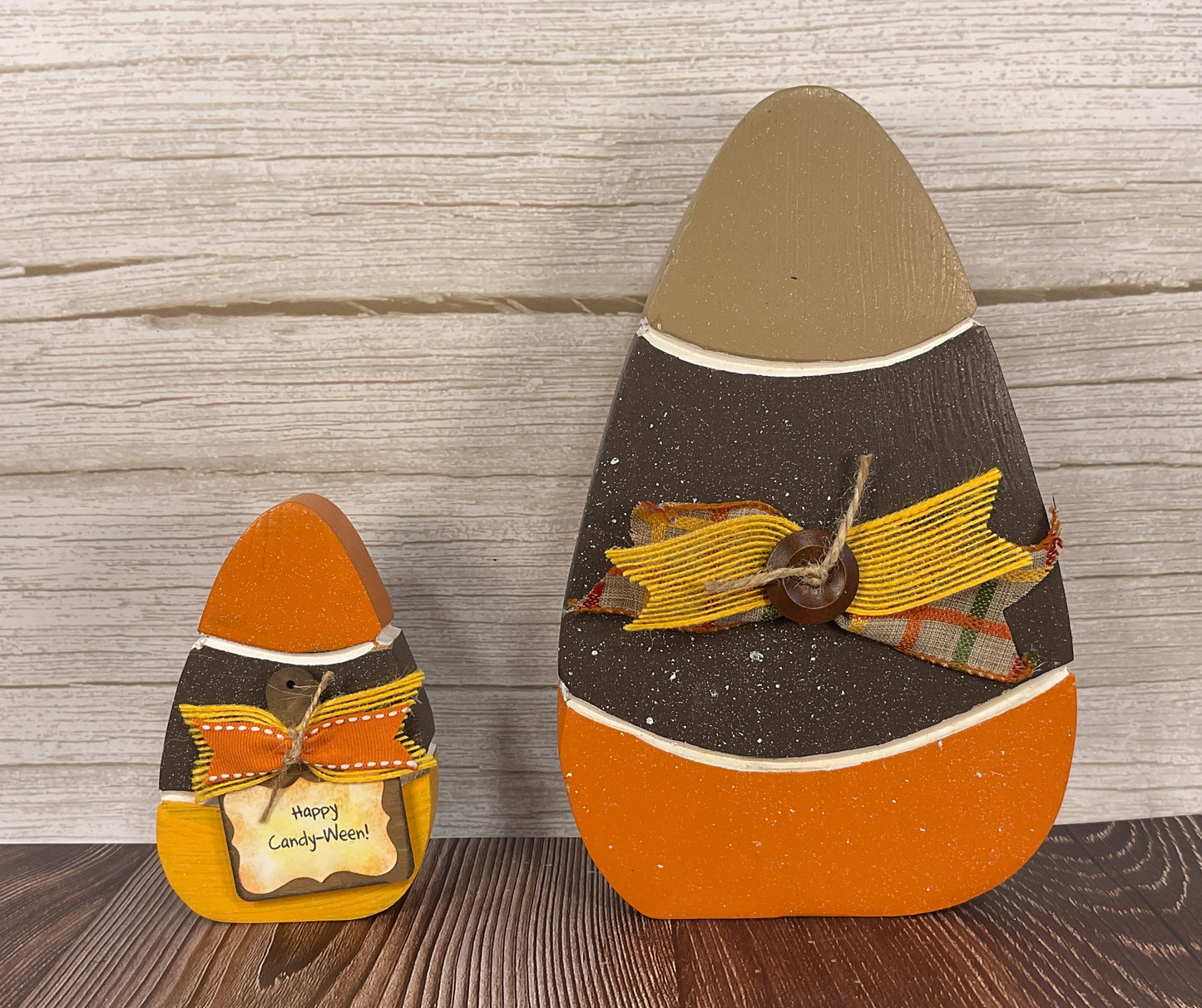 Classic Harvest Candy Corn Glitter Sitters Set of 2 | Halloween Tiered Tray & Tabletop Decor
