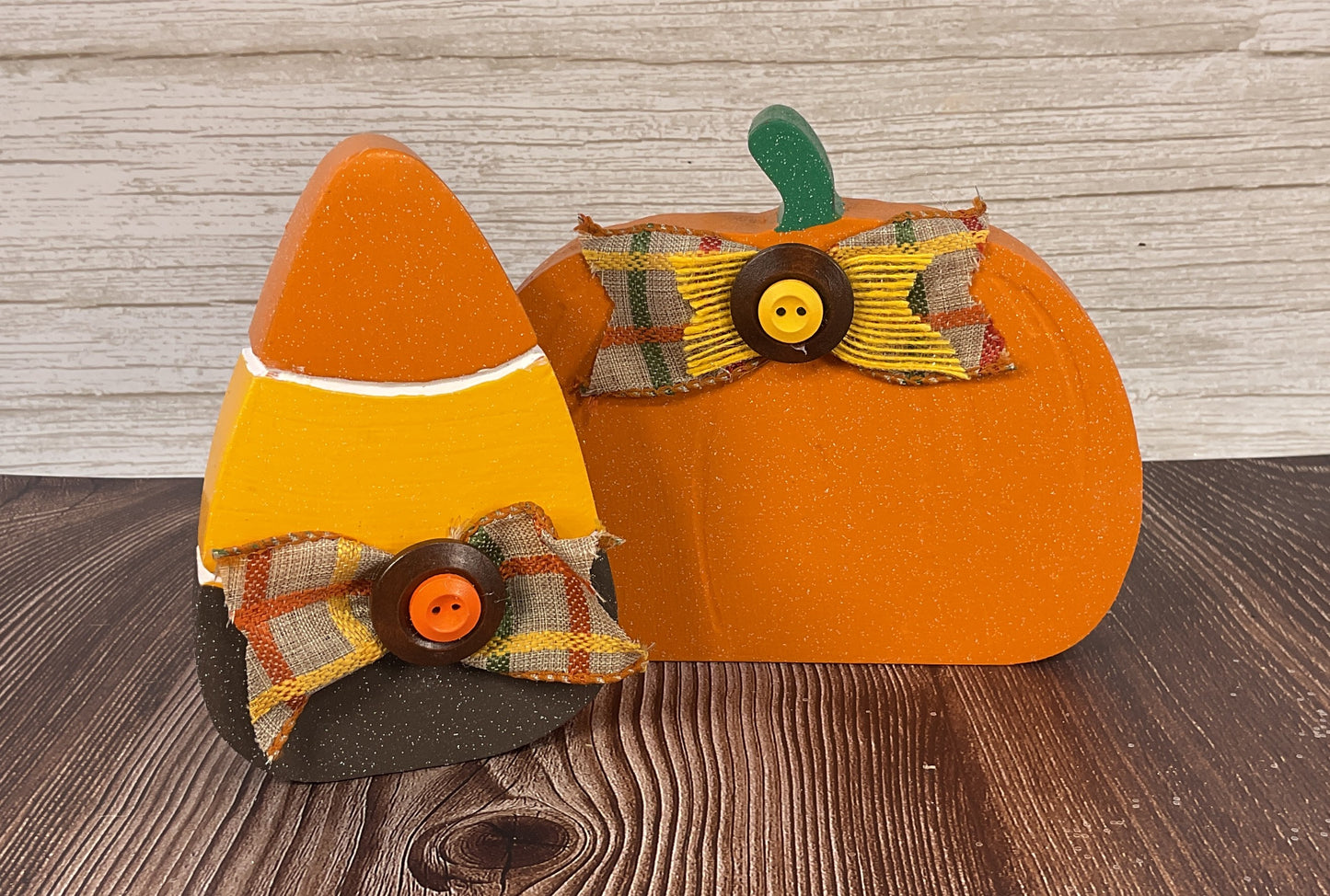 Harvest Candy Corn & Pumpkin Glitter Sitters Set of 2 | Halloween Tiered Tray Decor