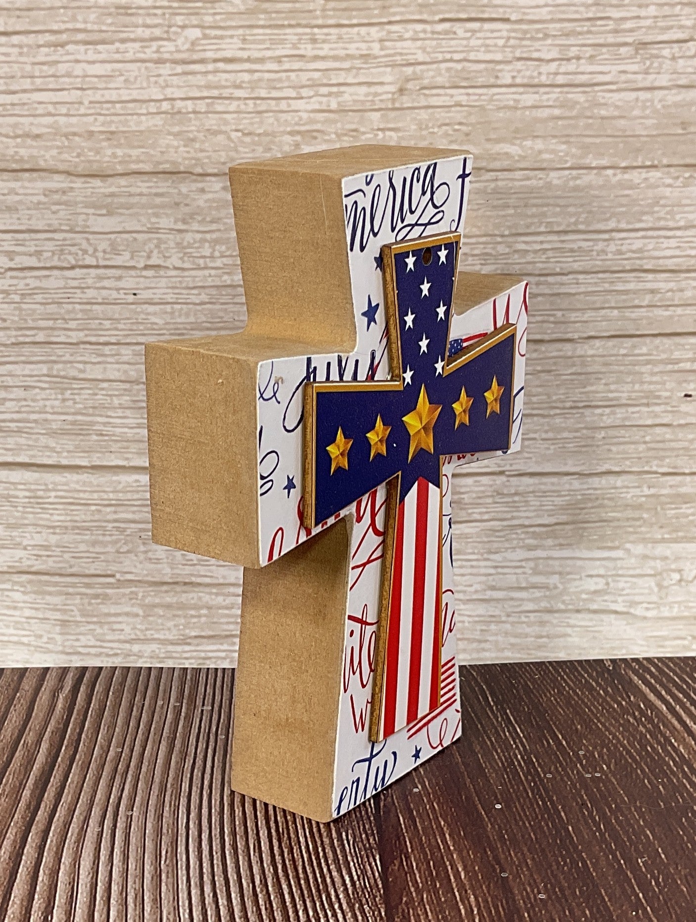 AGSD Patriotic Decor - Medal Star Draped Flag Wood Tabletop Cross | July 4th