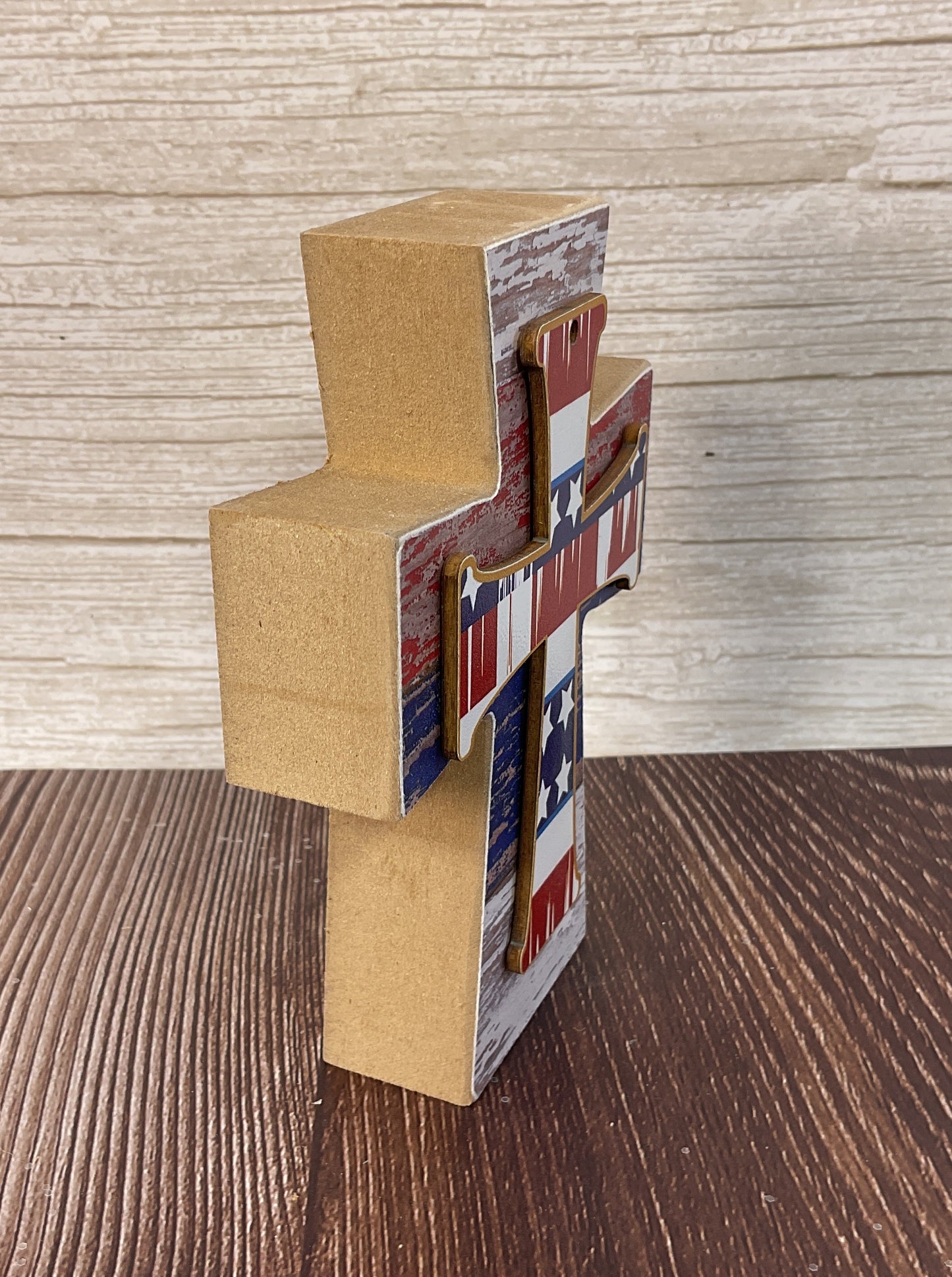 AGSD Patriotic Decor - Weathered Stripe Wood Tabletop Cross | Rustic July 4th Farmhouse Faith