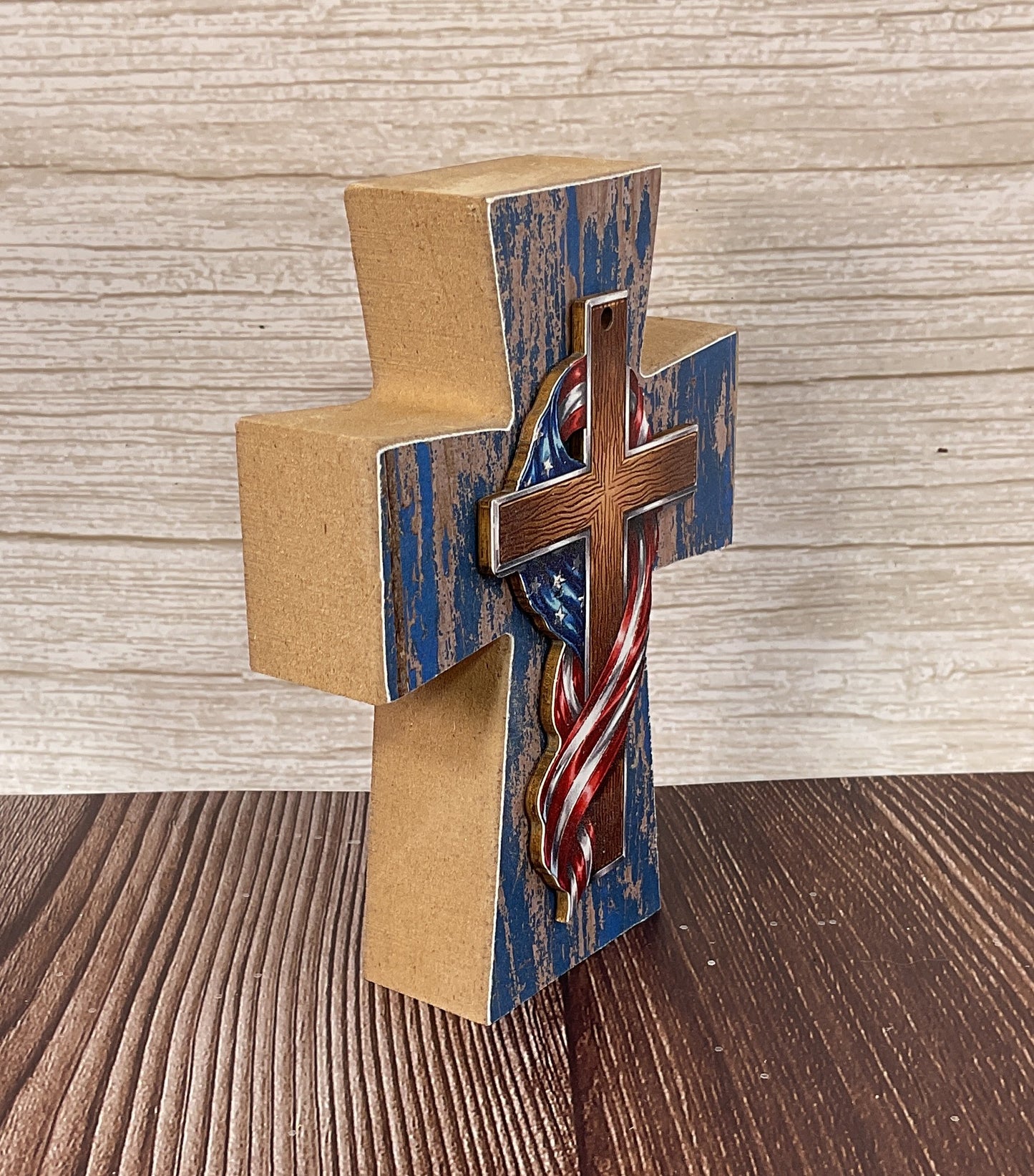 AGSD Patriotic Decor - Old Glory Draped Flag Wood Tabletop Cross | July 4th Faith