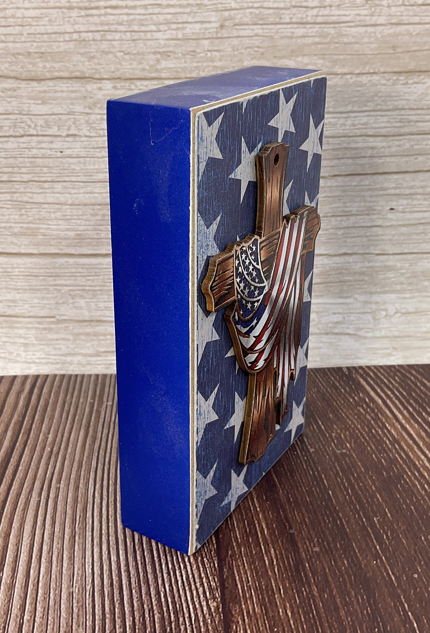 AGSD Patriotic Decor - Liberty & Light Draped Cross Wood Block Sign | July 4th Patriotic