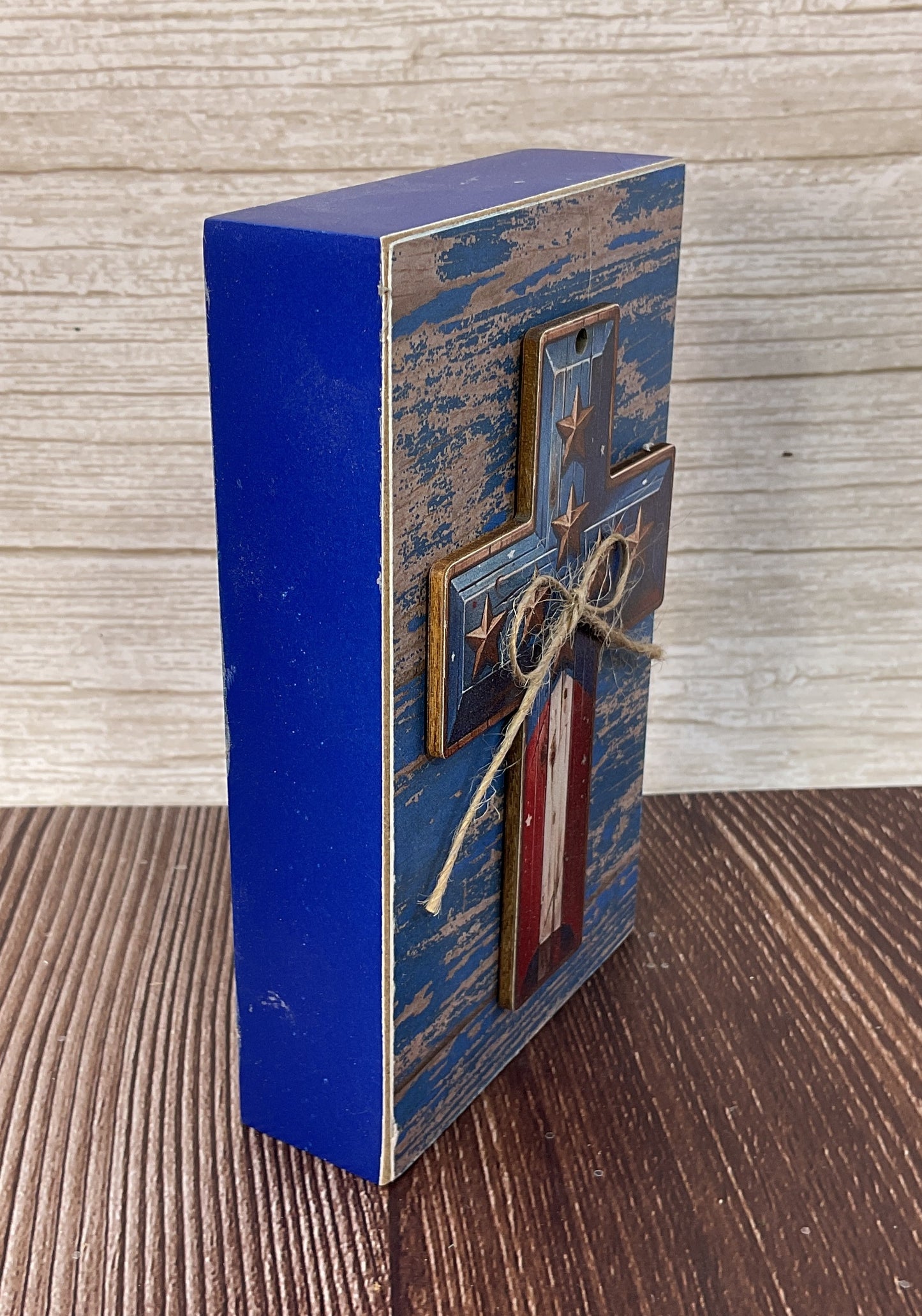 AGSD Patriotic Decor - Weathered Cross Patriotic Wood Block Sign | July 4th Tiered Tray