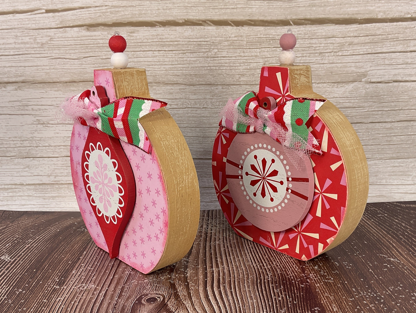 Retro Pink Chunky Wood Ornament Sitters Set of 2 | Christmas Decor | AGSD