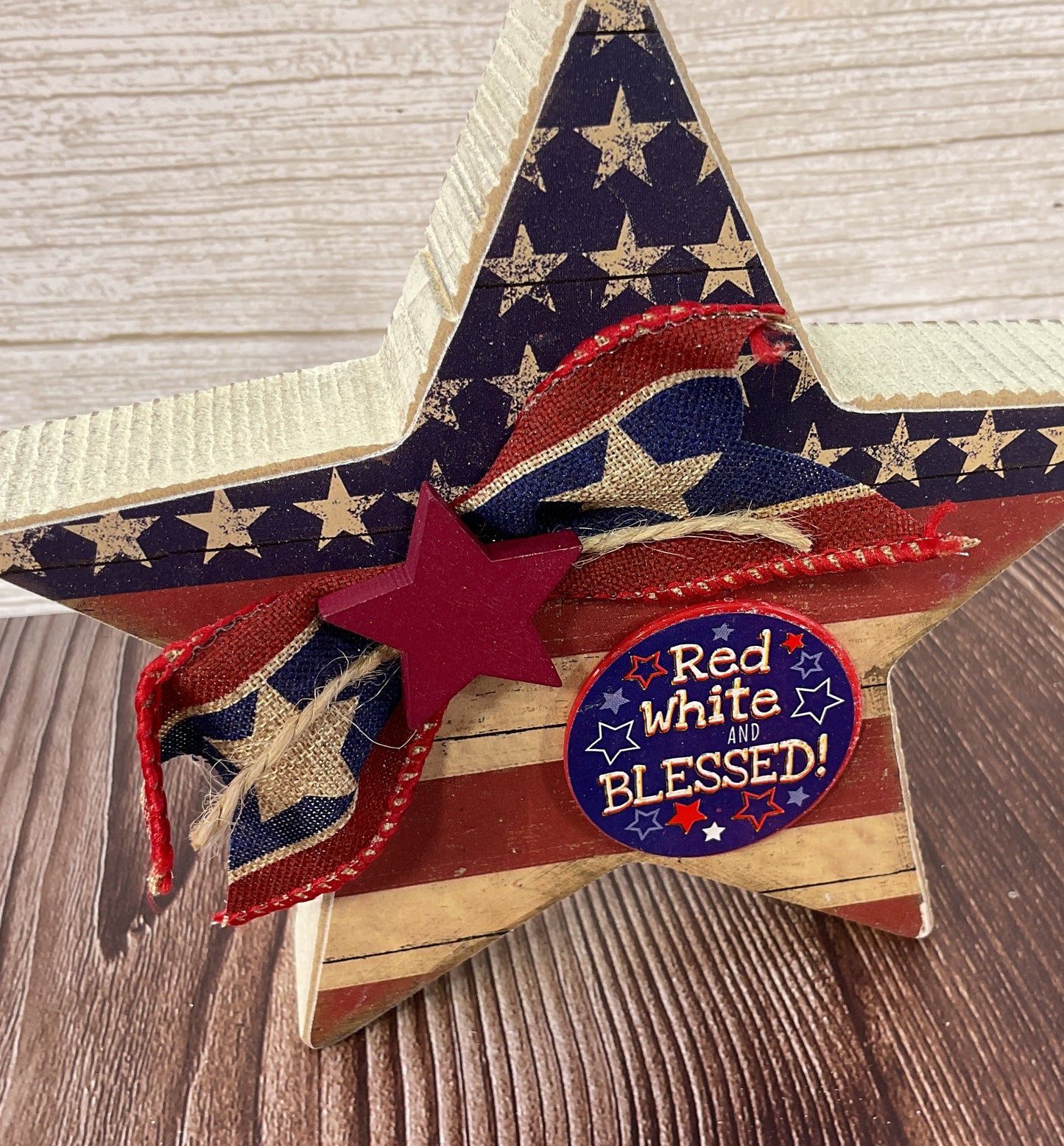 AGSD Patriotic Decor - Blessed Patriotic Wood Star | July 4th Red & White Tiered Tray Decor