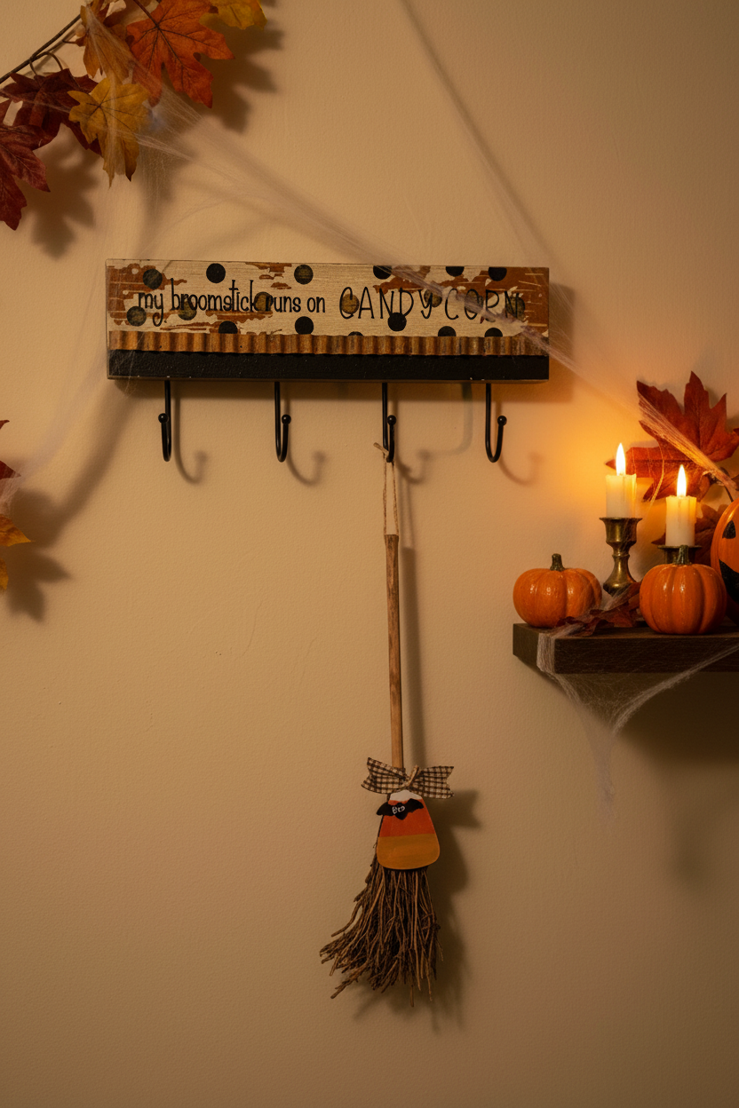 AGSD Halloween Decor - Prim Broom Stick Runs On Candy Corn Wall Hanger Sign