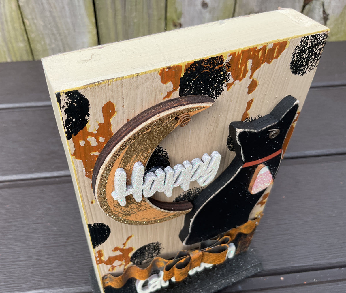AGSD Halloween Decor - Prim Farmhouse 3-D Happy Cat-O-Ween Sitter Sign
