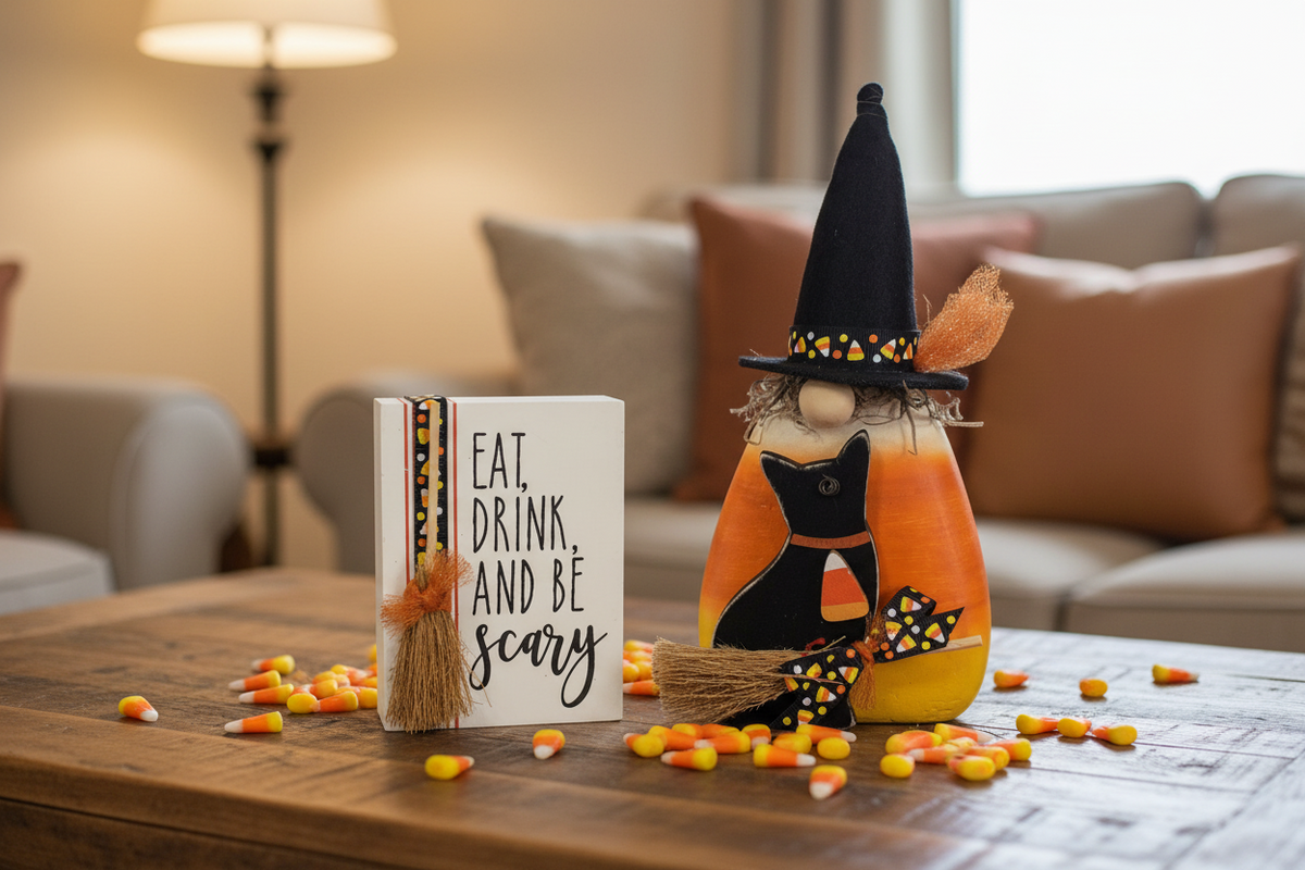 AGSD Halloween Decor - Eat Drink Candy Corn Witch Sitter 2pc Set