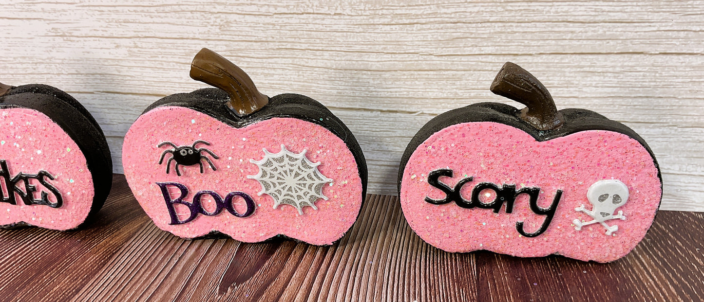 AGSD Halloween Decor - Pink and Black Glitter Pumpkins Sitters 3pc Set