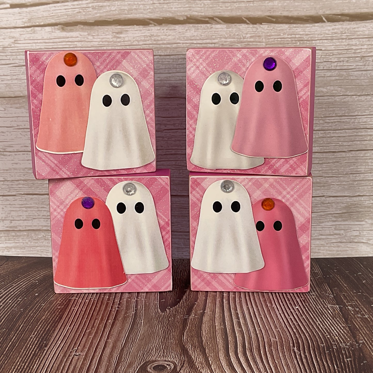 AGSD Halloween Decor - Small Pink Glam Ghost Block Sign 4pc Set