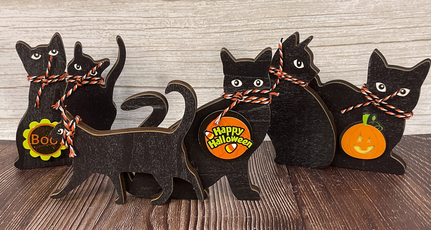 AGSD Halloween Decor - Cute Black Cat Silhouette Chunky Wood Sitters 3pc Set