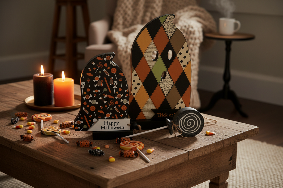 AGSD Halloween Decor - Decoupage Reversible Wood Ghosts LG 2pc Set