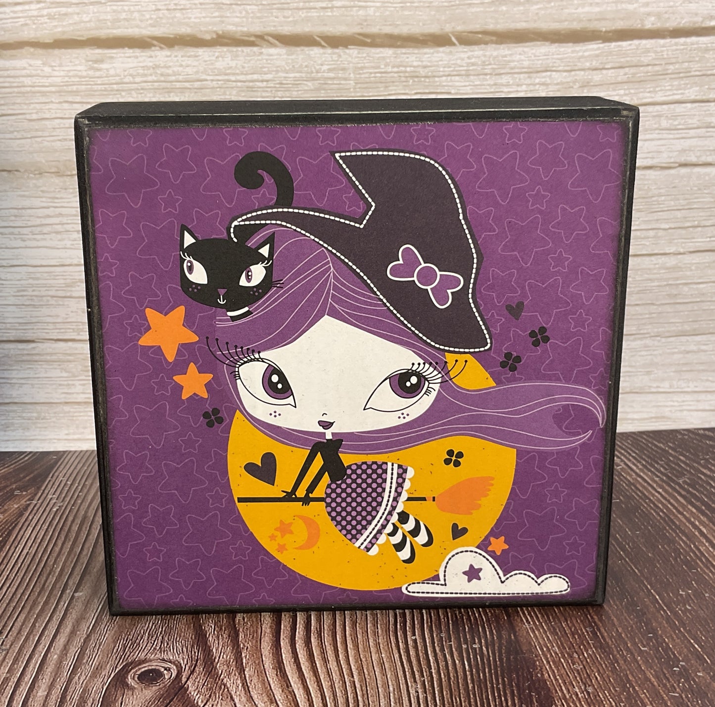 AGSD Halloween Decor - Purple Retro Mid Century Cat Witch Box Signs 3pc Set