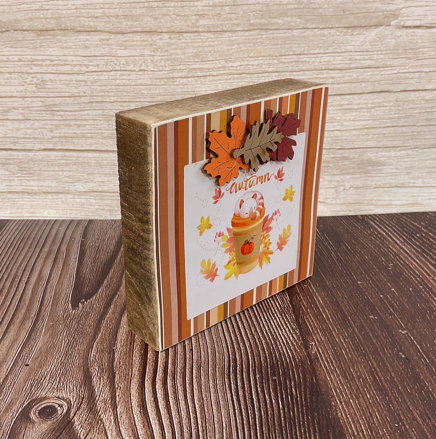 AGSD Fall Decor - Cat Theme Hello Autumn Pumpkin Latte Coffee Small Block Sign