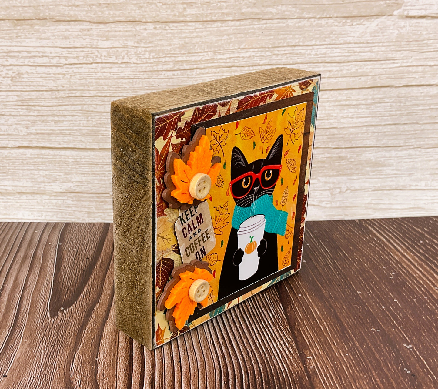 AGSD Fall Decor - Cat Theme Autumn Pumpkin Latte Coffee Block Sign