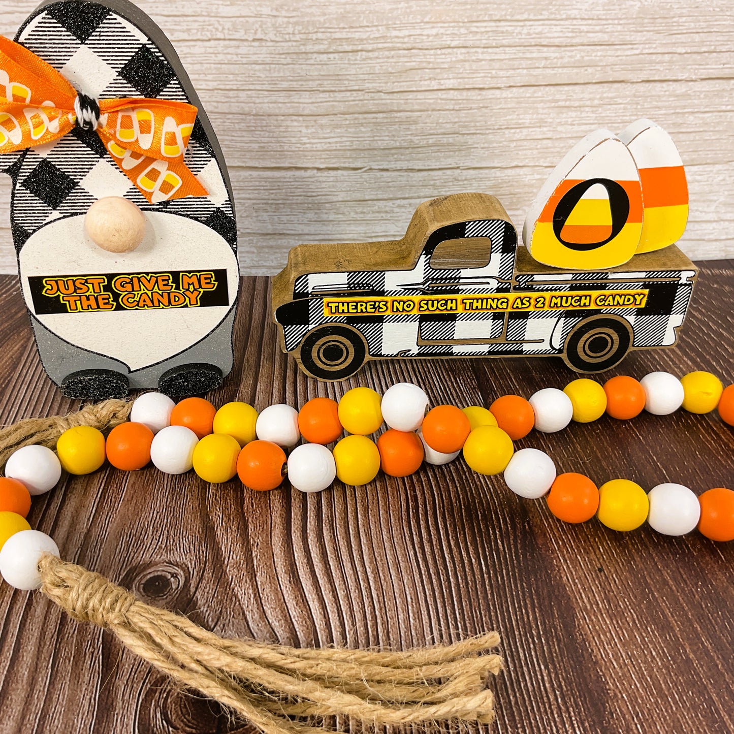 AGSD Halloween Decor - Truck Gnome Candy Corn Wood Sitters & Garland 3pc Set