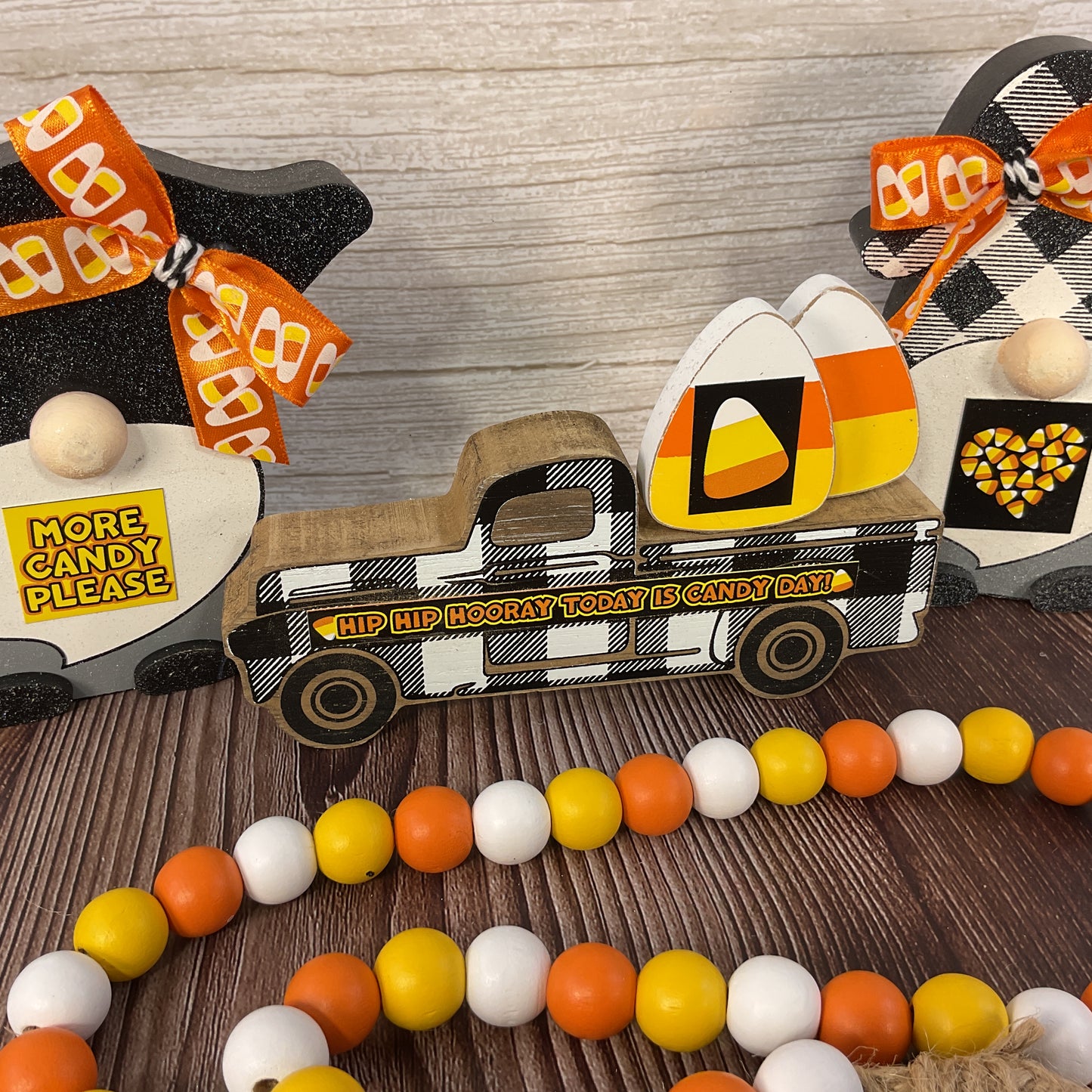 AGSD Halloween Decor - Truck Gnomes Candy Corn Wood Sitters Garland 4pc Set