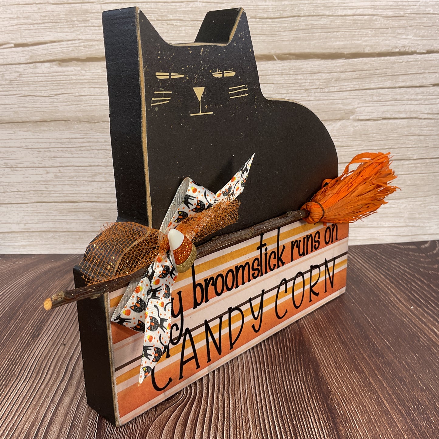 AGSD Halloween Decor - Broom Stick Candy Corn Black Cat Block Sitter Sign