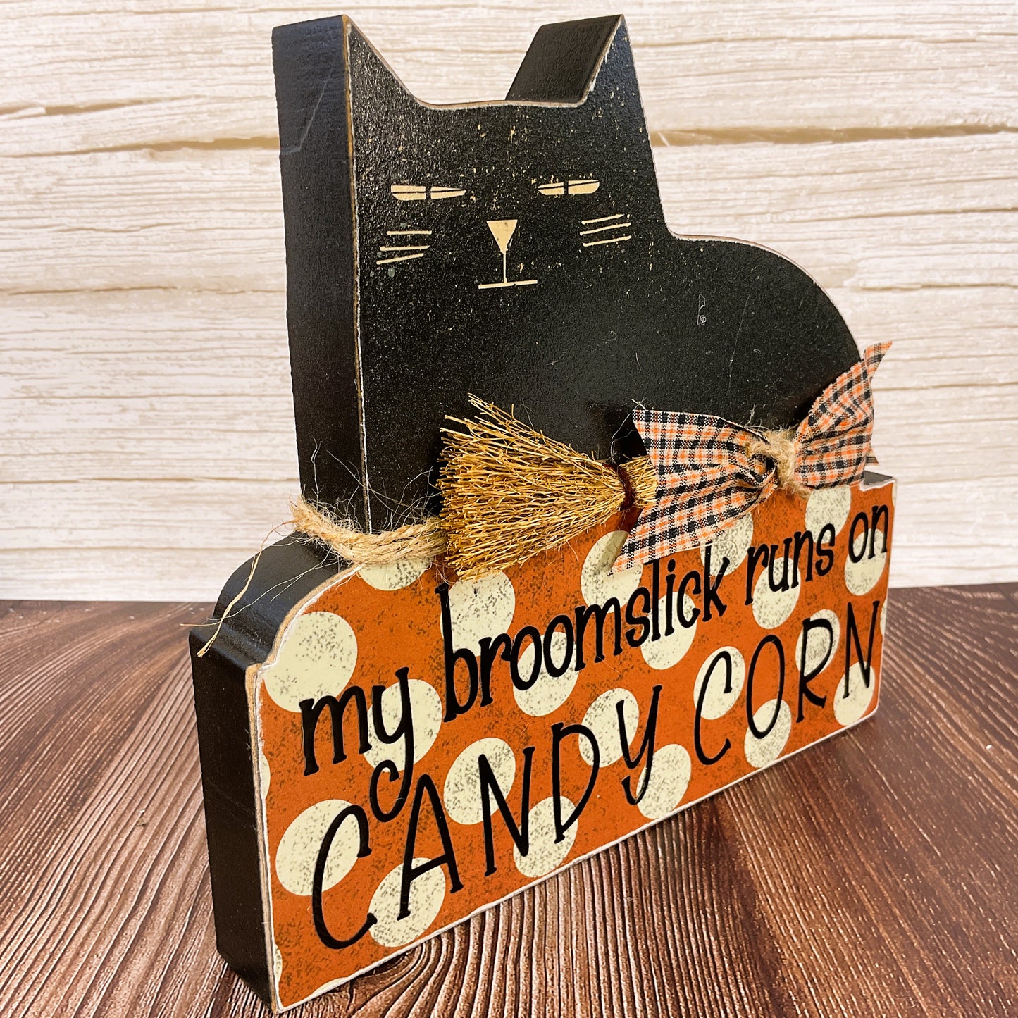AGSD Halloween Decor - Broom Stick Candy Corn Black Cat Block Sitter Sign