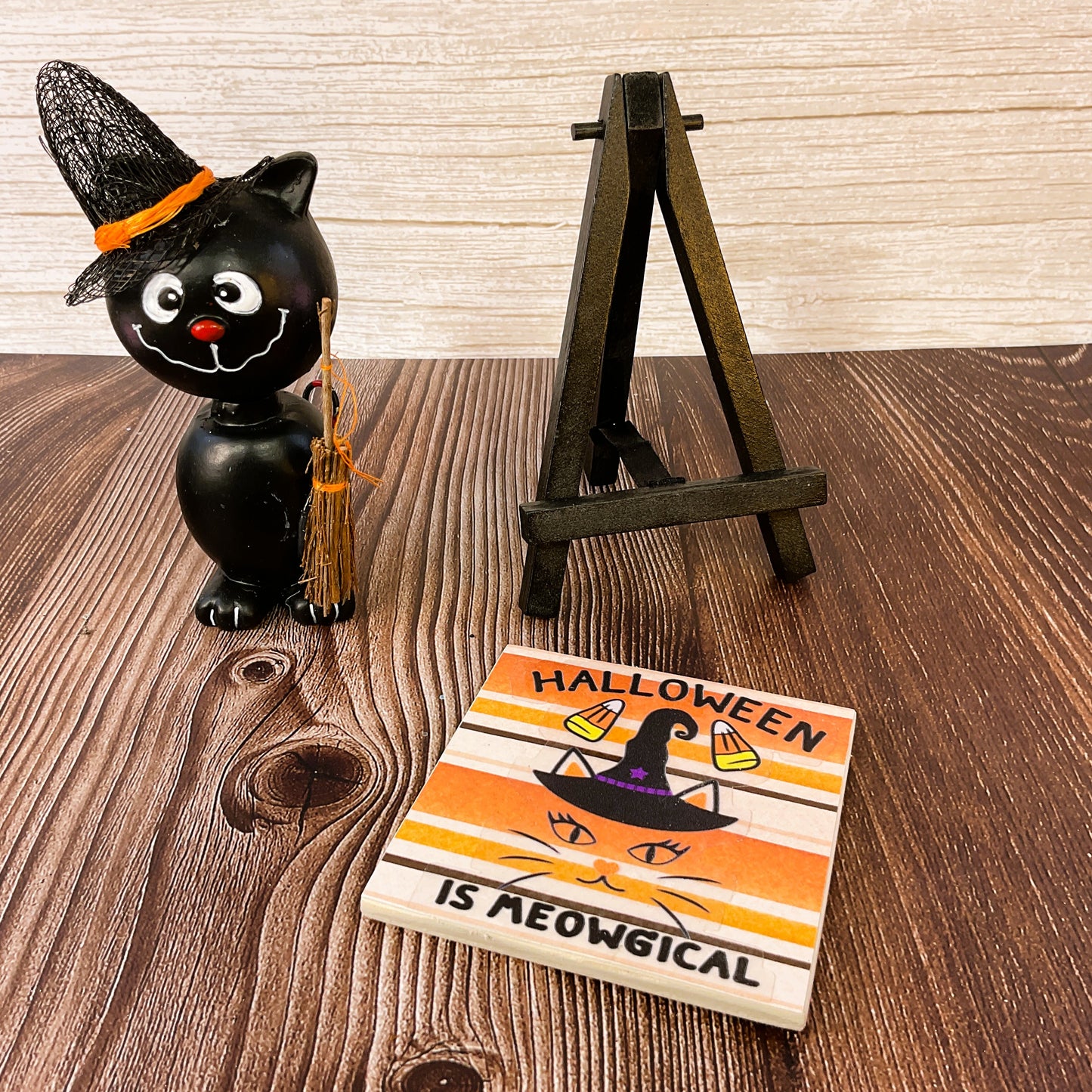 AGSD Halloween Decor - Resin Black Cat Meow Small Easel Sign 2pc Set