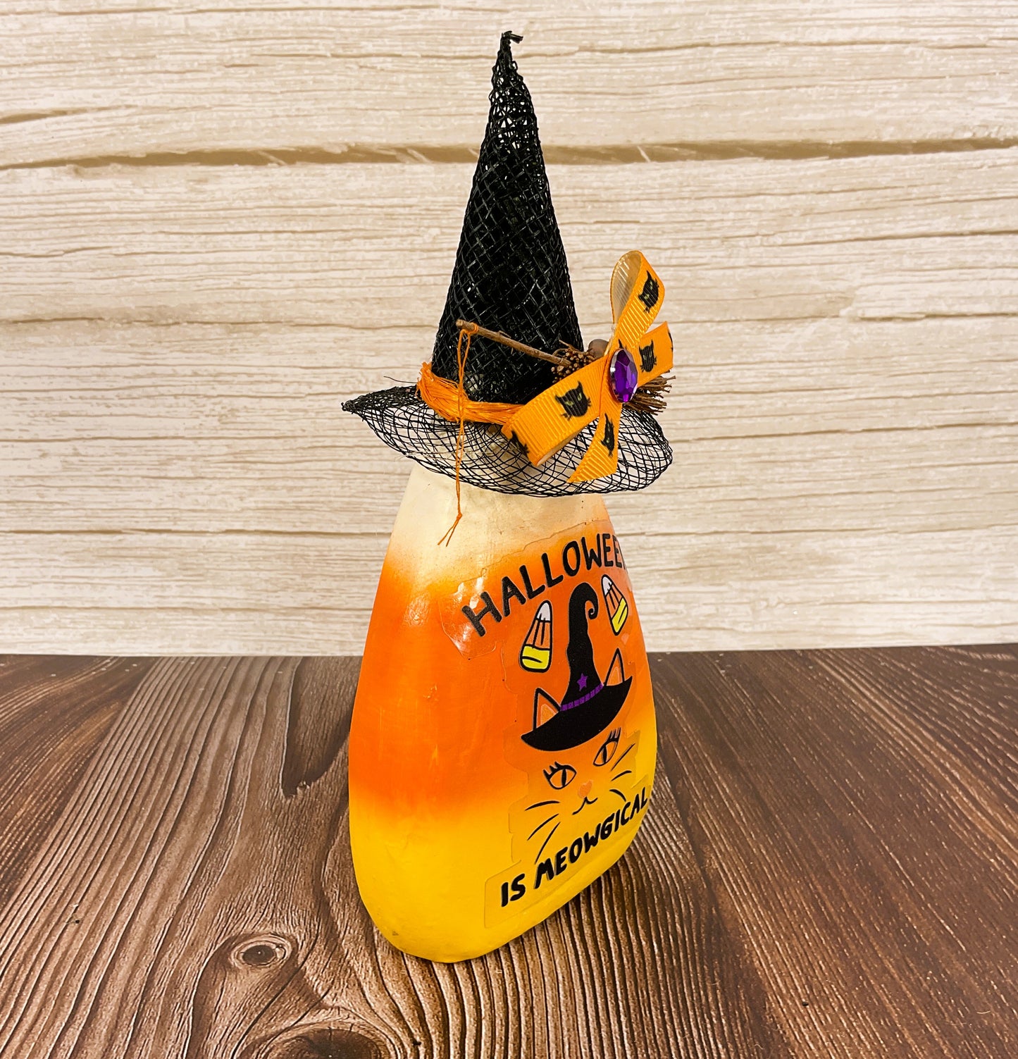 AGSD Halloween Decor - Black Witch Hat Cat Paper Mache Candy Corn Sitter