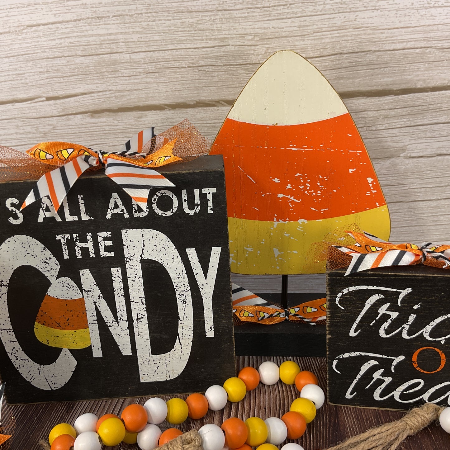 AGSD Halloween Decor - Weathered Candy Corn Stans & Box Signs 4pc Set