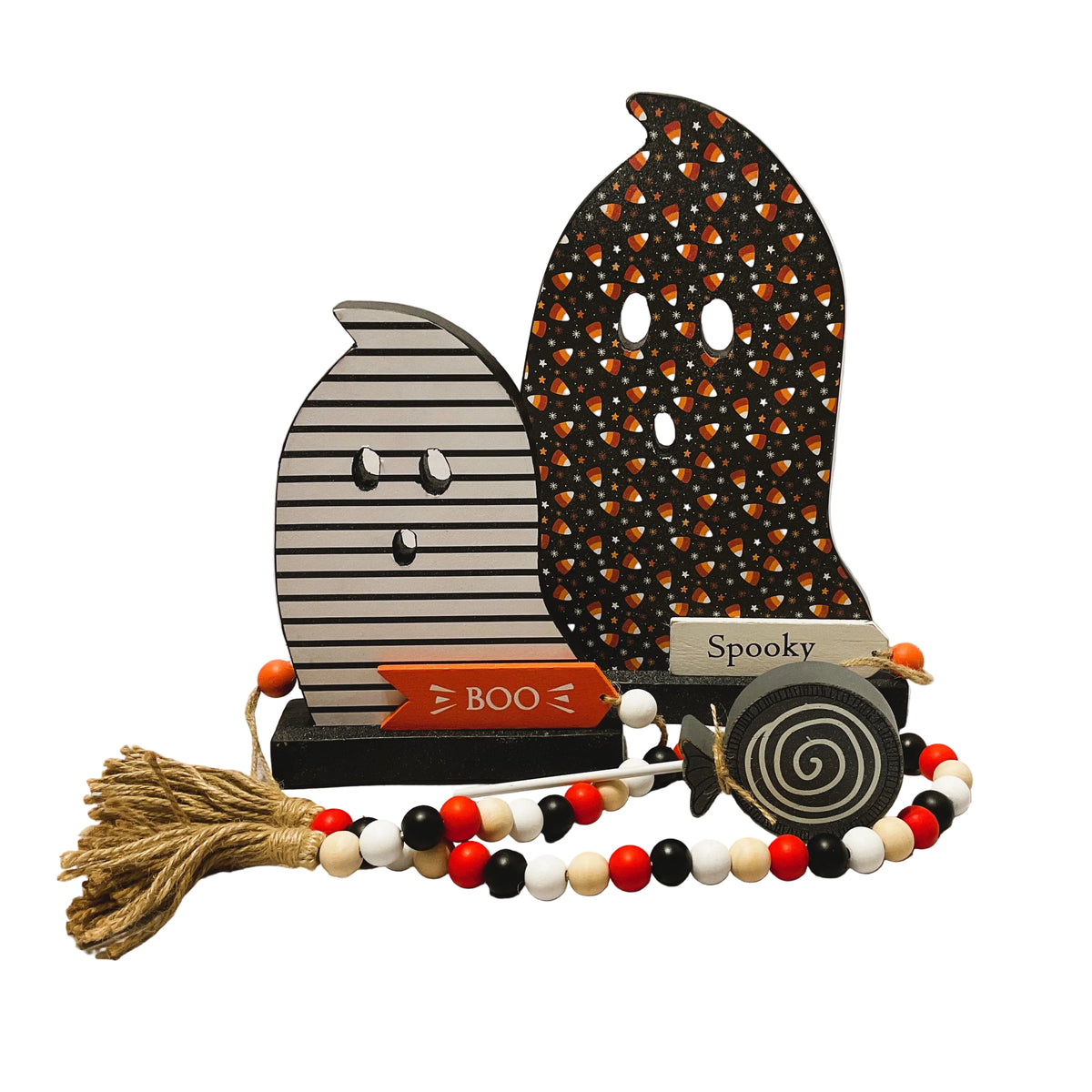 AGSD Halloween Decor - Decoupage Reversible Wood Wrapped Candy Ghosts LG 2pc Set