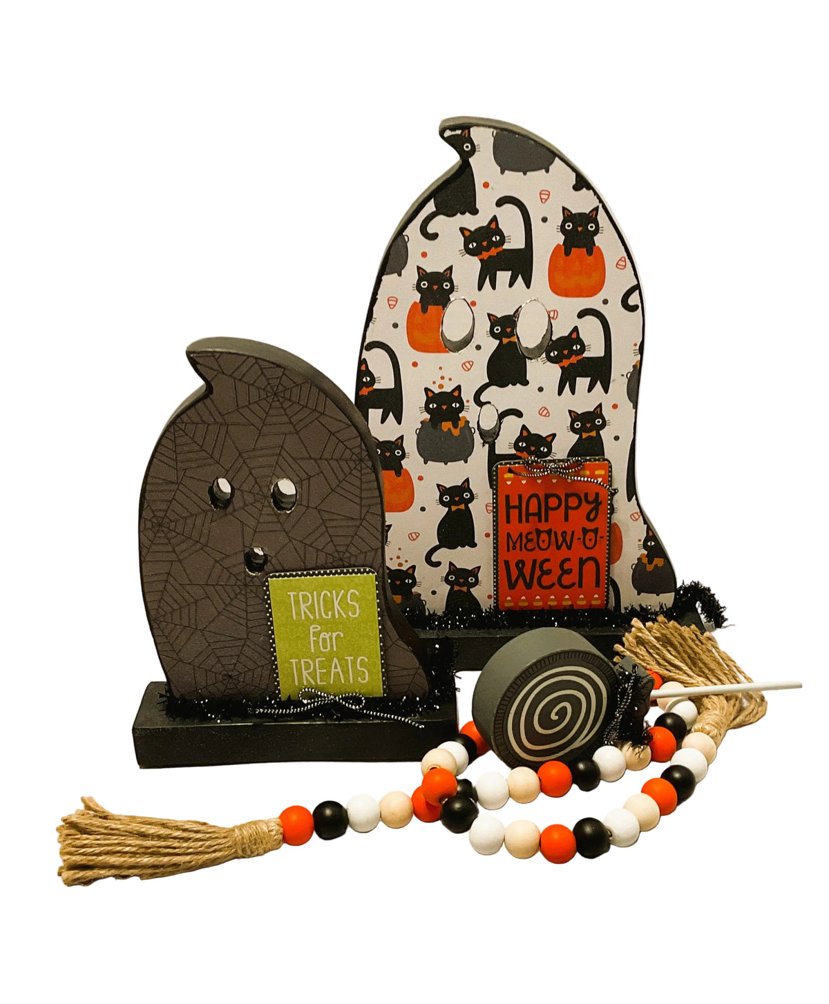AGSD Halloween Decor - Decoupage Reversible Wood Kitty Cat Ghosts LG 2pc Set