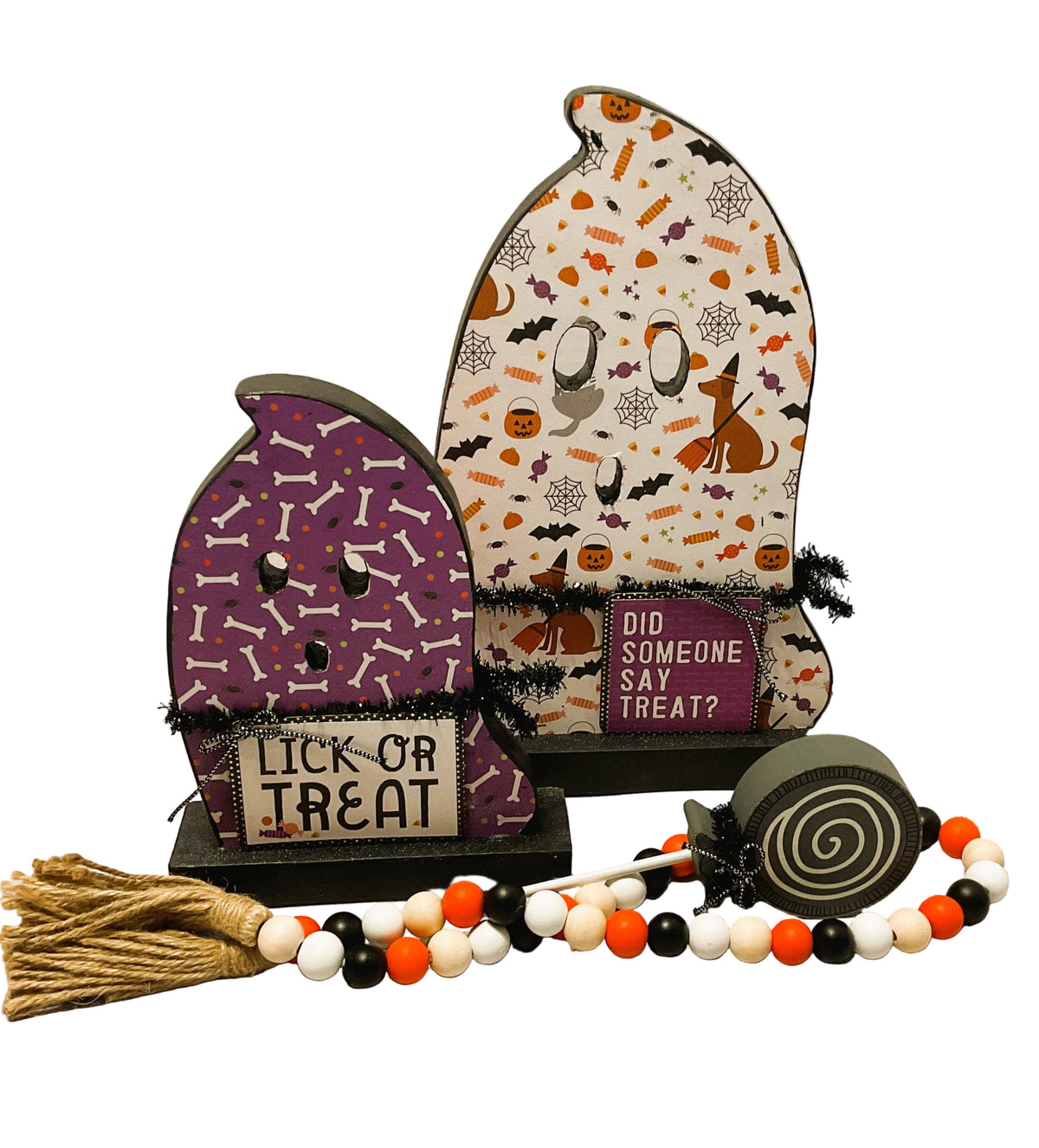 AGSD Halloween Decor - Decoupage Reversible Wood Puppy Dog Ghosts LG 2pc Set