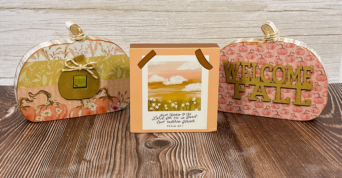 AGSD Fall Decor - Rose Gold Watercolor Pink Chunky Wood Pumpkins 3pc Set