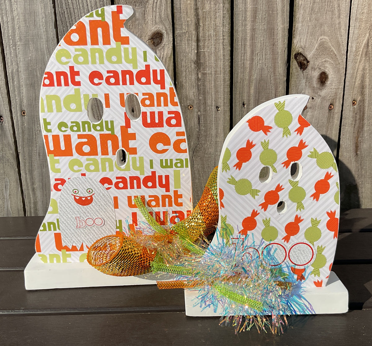AGSD Halloween Decor - Decoupage Wood Green Orange Want Candy LG 2pc Set