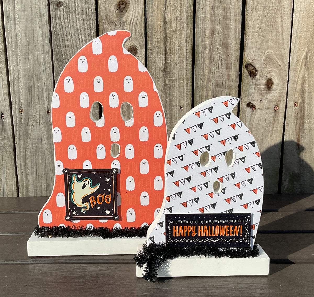 AGSD Halloween Decor - Decoupage Wood Orange White Boo Ghosts LG 2pc Set