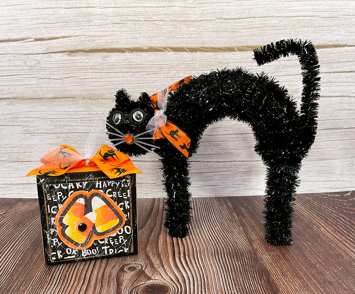 AGSD Halloween Decor - Small Tinsel Black Cat Candy Corn Sign Tier Tray 2pc Set