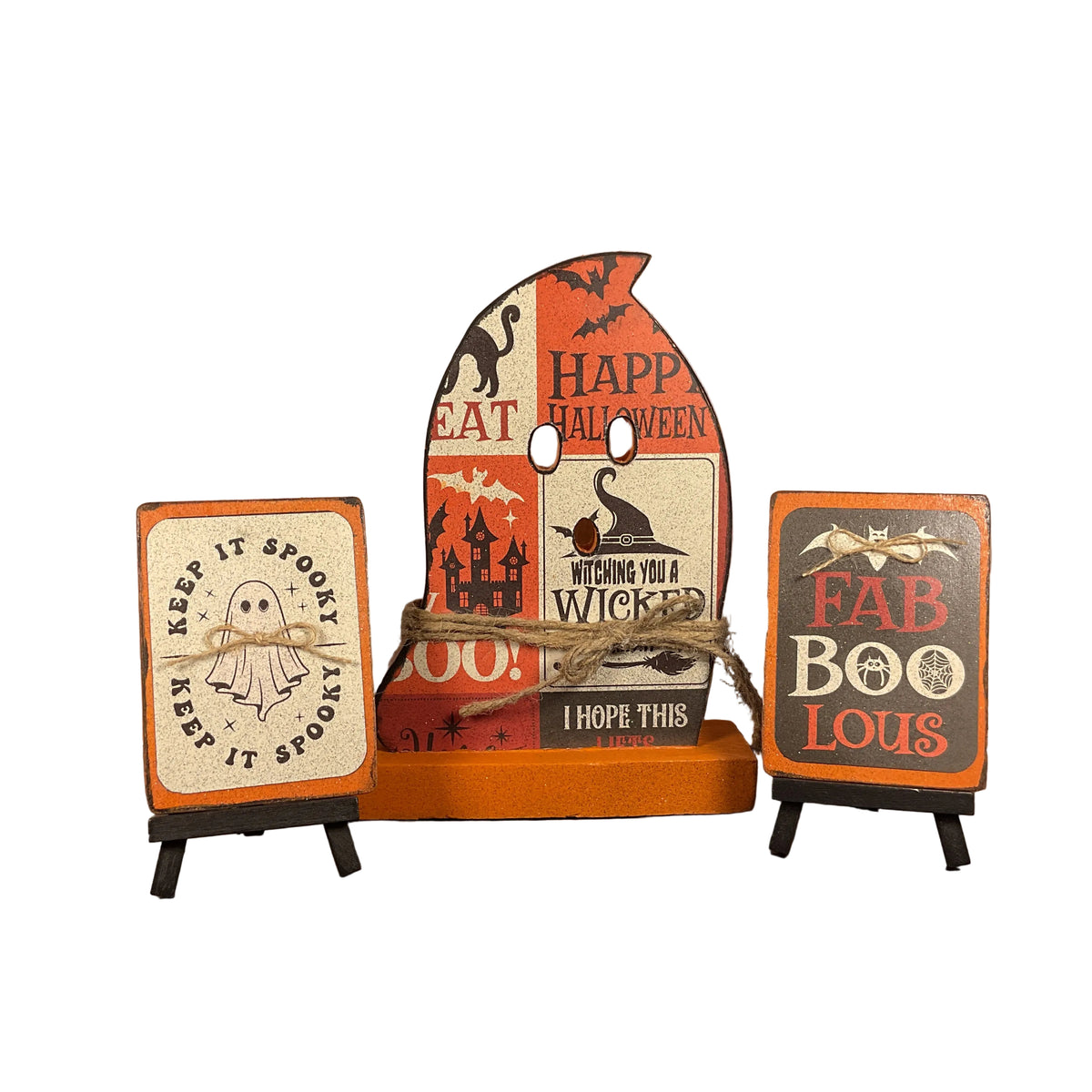 AGSD Halloween Decor - Boo Eek Decoupage Wood Ghosts LG & Signs 4pc Set