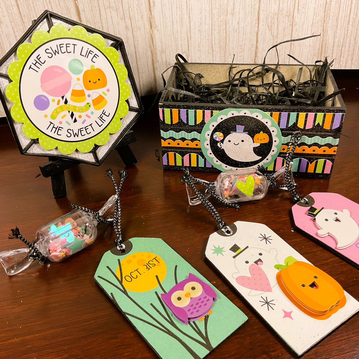 AGSD Halloween Decor - Trendy Pink Cute Candy Ghost Theme Tier Tray 7pc Set