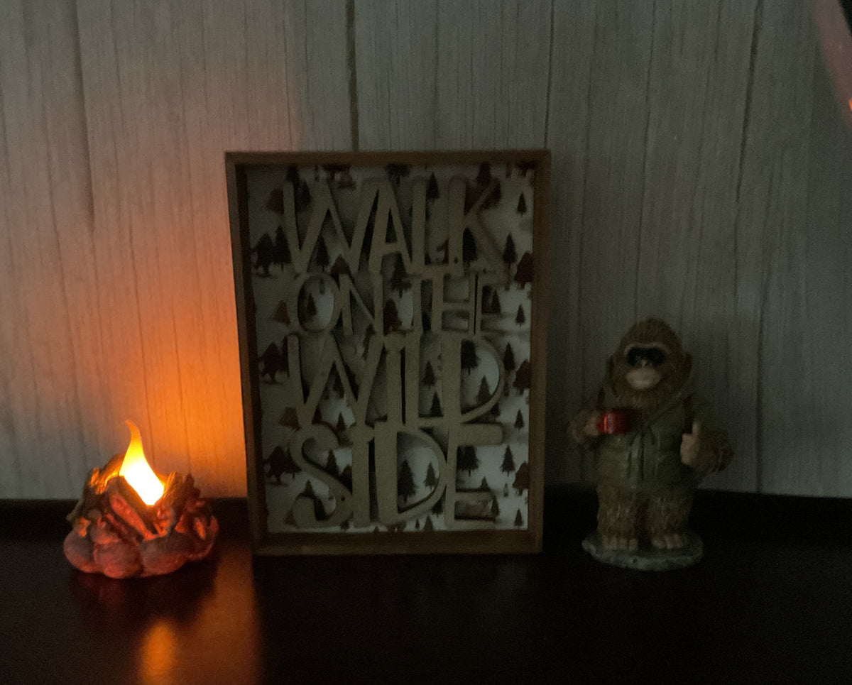 AGSD Home Decor - Hiking Wild Side Bigfoot Novelty Figurine LED Camp Fire & Sign