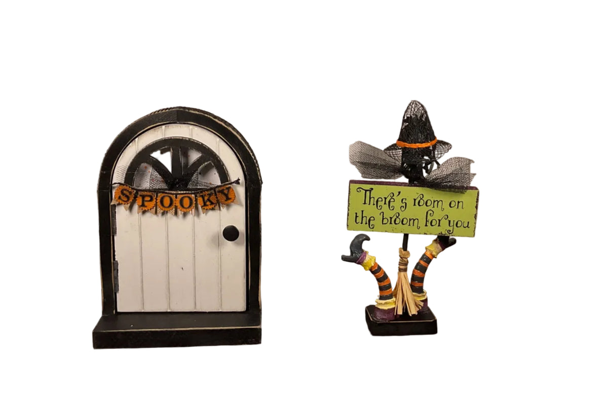 AGSD Halloween Decor - Fairy Garden Door Witch Broom & Hat 2pc Set