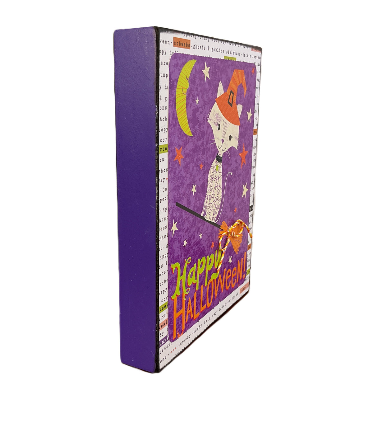 AGSD Halloween Decor - Cute White Witch Cat Chunky Wood Block Sign