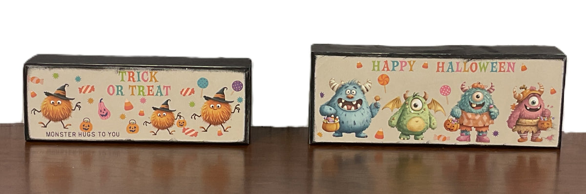 AGSD Halloween Decor - Bright Pastel Cute Monster Box Stacking Signs 2pc Set