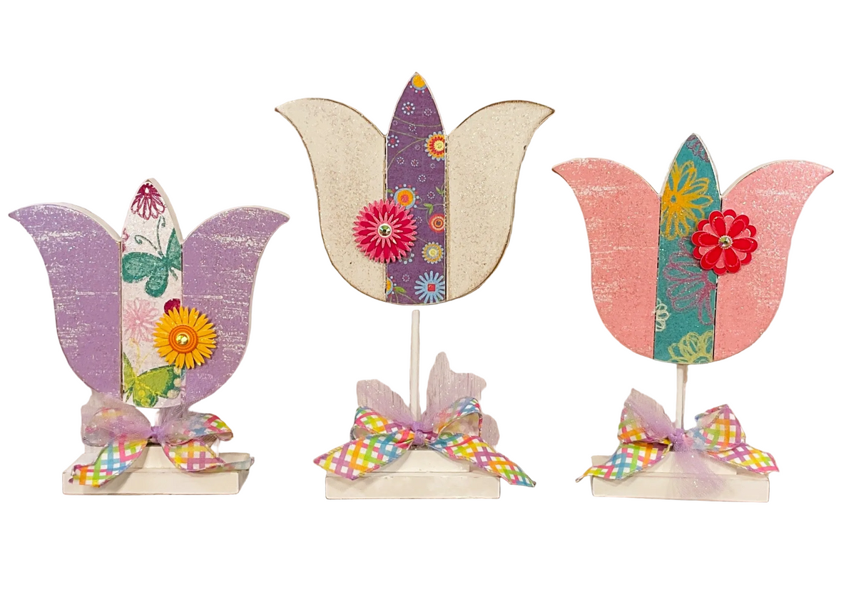 AGSD Easter Spring Decor - Large Chunky Wood Spring Tulips 3pc Set