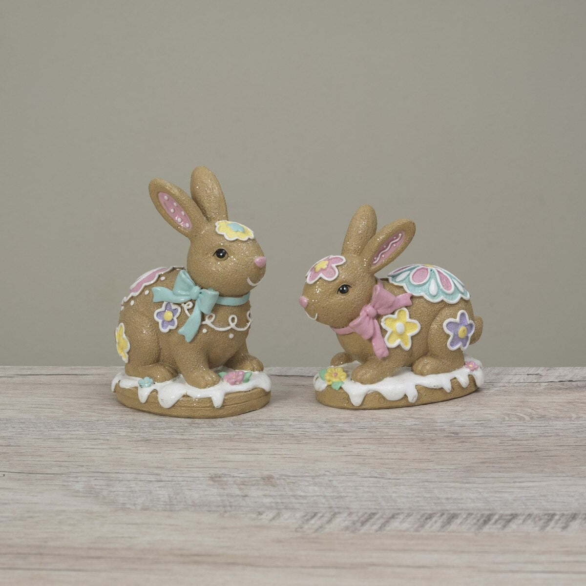 Gerson Easter Decor - Gingerbread Theme Bunny Rabbits Figurines 2pc Set