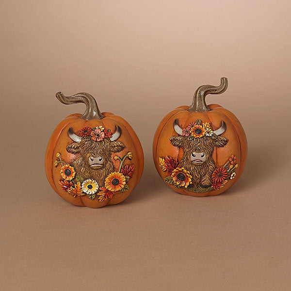 Gerson Fall Decor - Highland Cow Resin Sunflower Pumpkins 2pc
