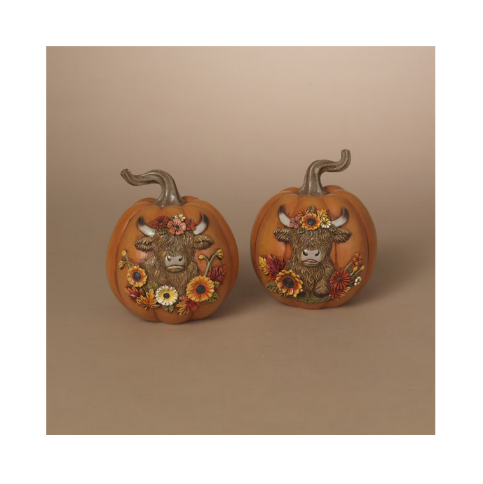 Gerson Fall Decor - Highland Cow Resin Sunflower Pumpkins 2pc