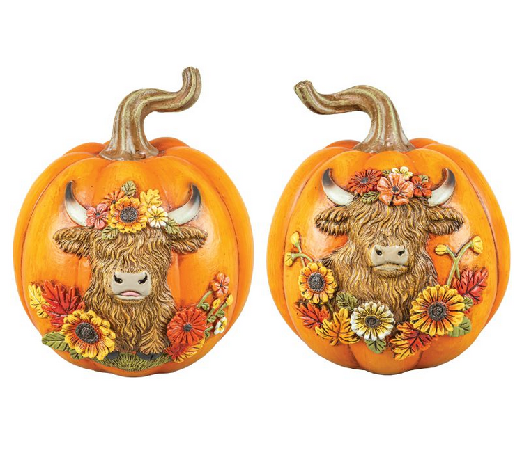 Gerson Fall Decor - Highland Cow Resin Sunflower Pumpkins 2pc