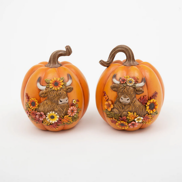 Gerson Fall Decor - Highland Cow Resin Sunflower Pumpkins 2pc