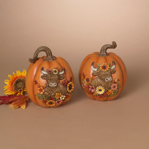 Gerson Fall Decor - Highland Cow Resin Sunflower Pumpkins 2pc